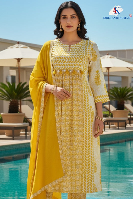 Yellow Cotton Printed Suit Dupatta Set with Embroidered Neck & Malmal Dupatta – Label Anju Kumar