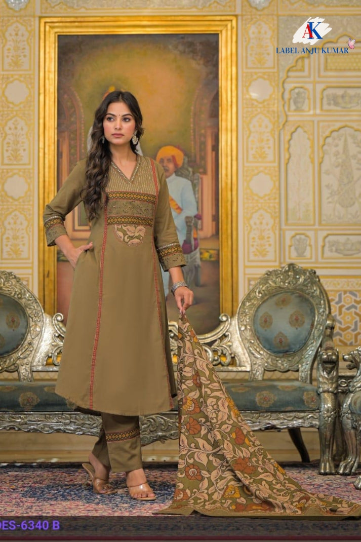 Mouse Khadi Cotton A-Line Suit Dupatta Set with Patchwork Yoke | Label Anju Kumar