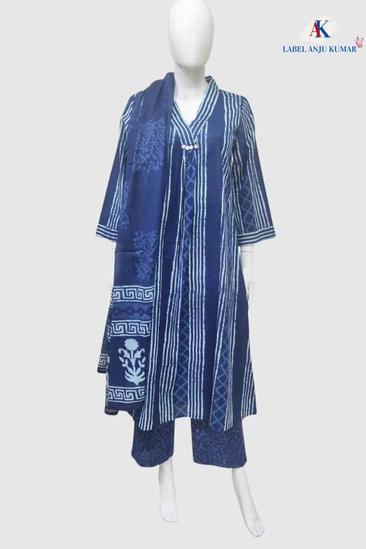 Blue A LINE Pleated Cotton Print Suit Dupatta Set | Label Anju Kumar