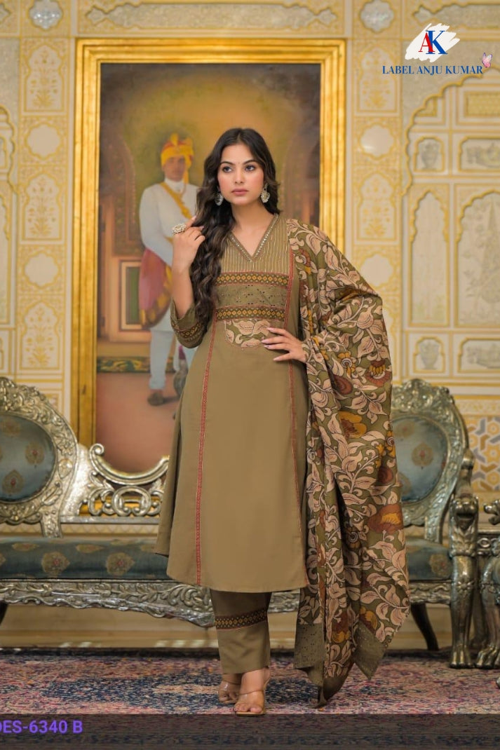 Mouse Khadi Cotton A-Line Suit Dupatta Set with Patchwork Yoke | Label Anju Kumar