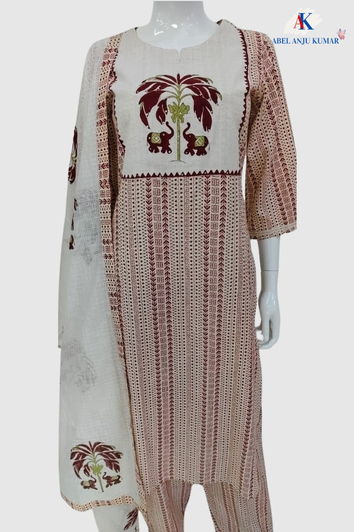 Mehroon Kantha Work Straight Suit Dupatta Set for Women
