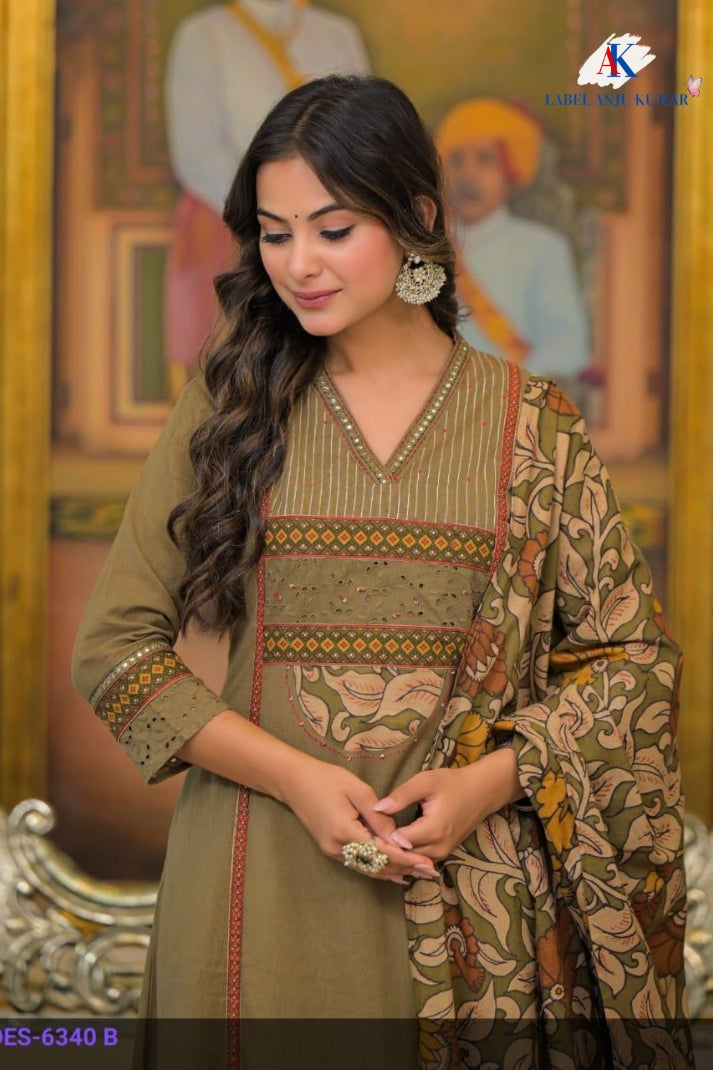 Mouse Khadi Cotton A-Line Suit Dupatta Set with Patchwork Yoke | Label Anju Kumar