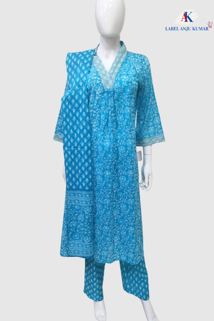 Ferozi Printed Cotton A-Line Suit Dupatta Set with Pockets & Thread Work | Label Anju Kumar