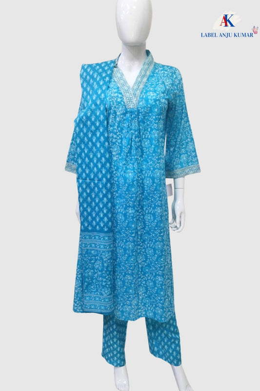 Ferozi Printed Cotton A-Line Suit Dupatta Set with Pockets & Thread Work | Label Anju Kumar