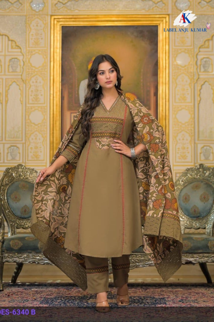 Mouse Khadi Cotton A-Line Suit Dupatta Set with Patchwork Yoke | Label Anju Kumar