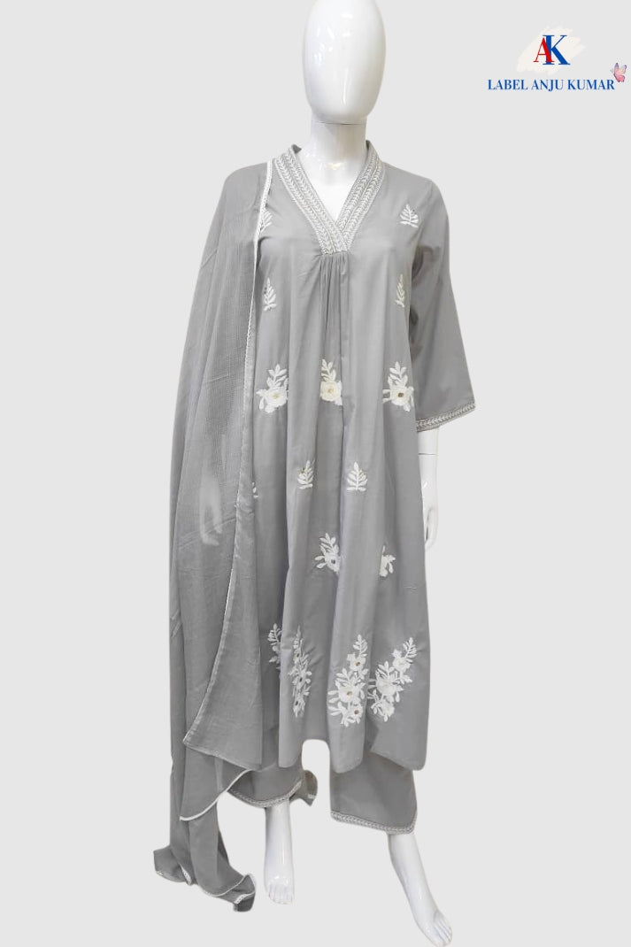 Grey Cotton A-Line Suit Dupatta Set with Thread Embroidery & Pockets | Label Anju Kumar