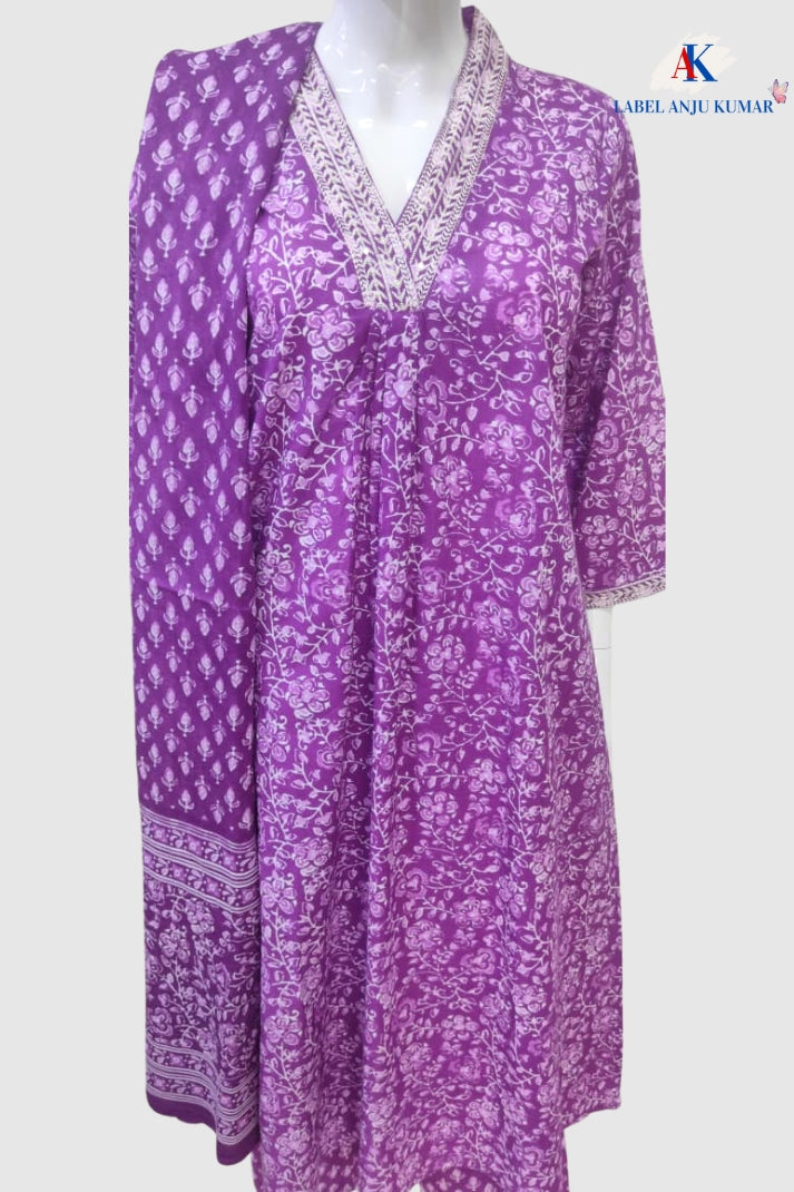 Purple Printed Cotton A-Line Suit Dupatta Set with Pockets & Thread Work | Label Anju Kumar