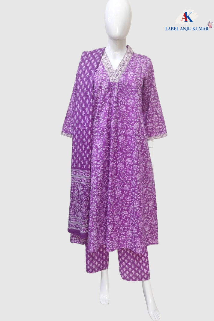 Purple Printed Cotton A-Line Suit Dupatta Set with Pockets & Thread Work | Label Anju Kumar