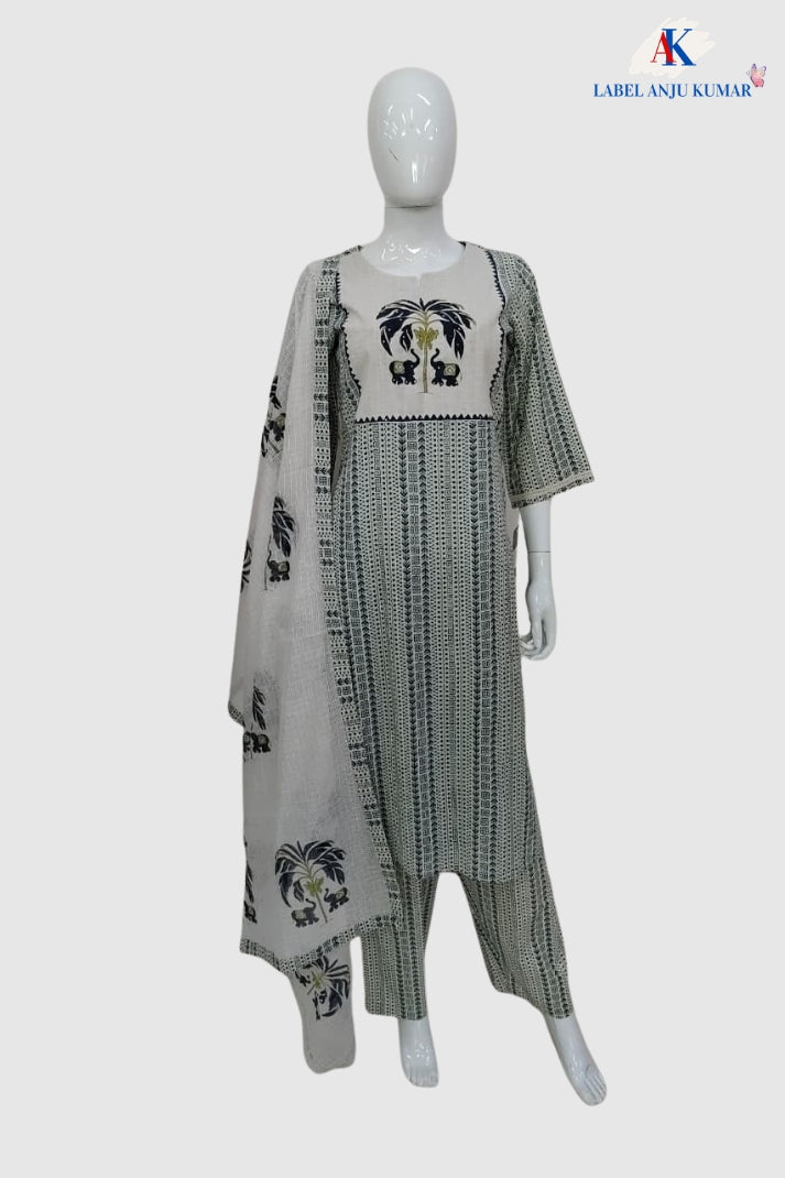 Blue Kantha Work Cotton Suit Set with Kota Doriya Dupatta