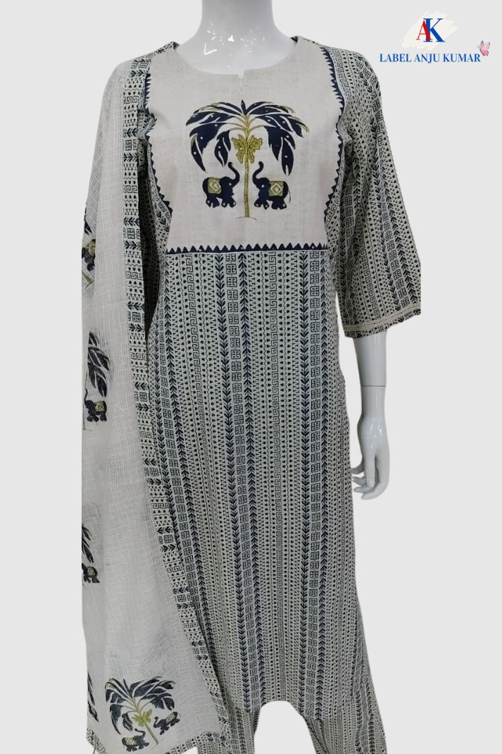 Blue Kantha Work Cotton Suit Set with Kota Doriya Dupatta