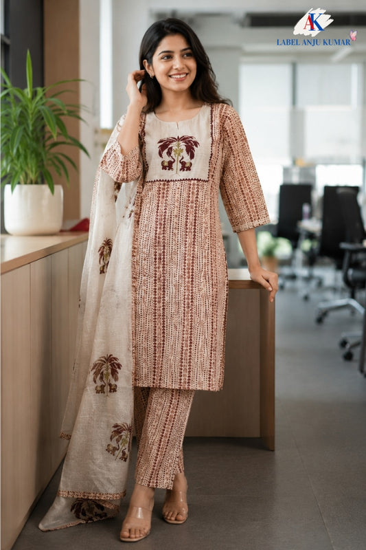 Mehroon Kantha Work Straight Suit Dupatta Set for Women
