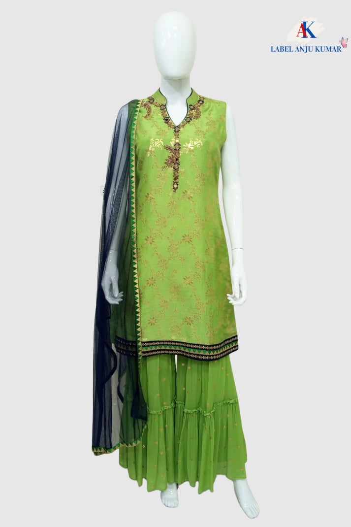 Green Banarasi Jacquard Hand-Embroidered Sharara Set – Party Wear Women’s Ethnic Wear