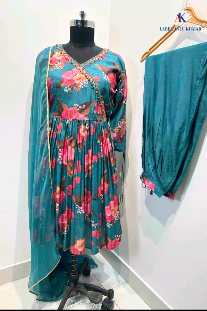 Blue Muslin Angrakha Style Pathani Salwar Suit with Dupatta – Semi Formal Women’s Ethnic Wear