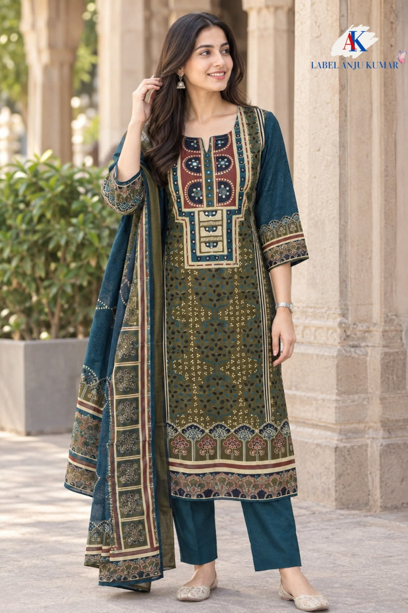 T-Blue Pure Cotton A-Line Suit with Mirror Work & Printed Dupatta