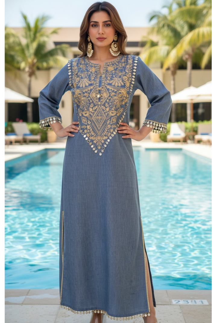 Light Denim Blue Cotton Lilen Long Kurti Dress – Kaftan Style with Embroidery & Lace Detailing