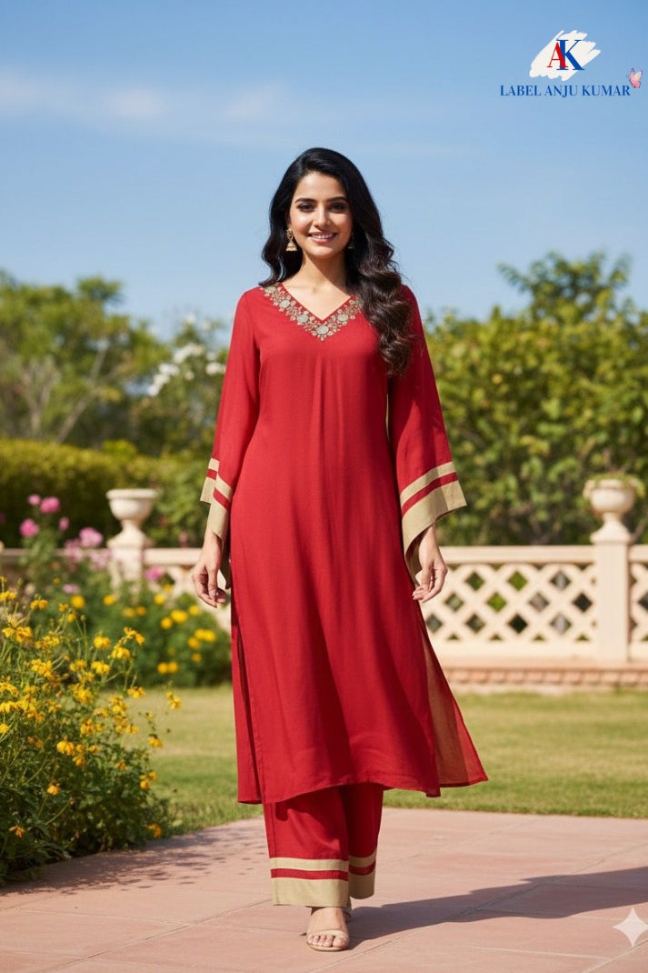 Red Muslin Mirror Work Embroidered Coord Set – Semi Formal Women’s Ethnic Wear