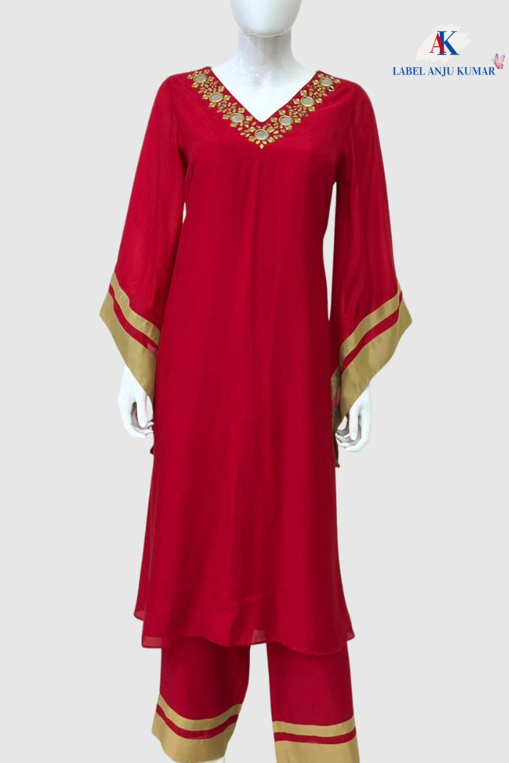 Red Muslin Mirror Work Embroidered Coord Set – Semi Formal Women’s Ethnic Wear