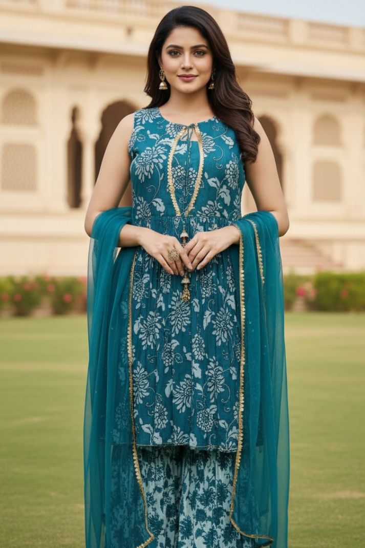 Green Pure Muslin Silk Printed Sharara Suit Dupatta Set – Festive Women’s Ethnic Wear