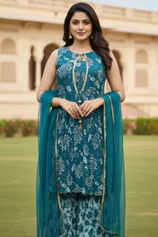 Green Pure Muslin Silk Printed Sharara Suit Dupatta Set – Festive Women’s Ethnic Wear