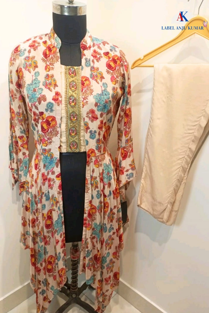 Pink Muslin Embroidered Crop Top Trouser & Jacket Set – Semi Formal Women’s Ethnic Wear