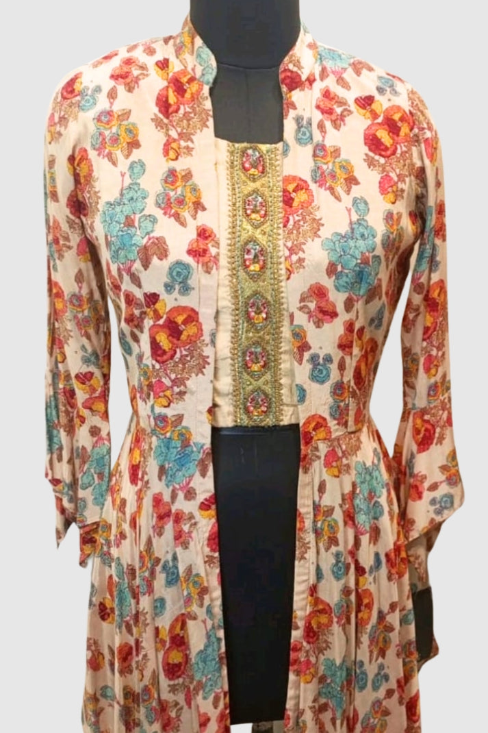 Pink Muslin Embroidered Crop Top Trouser & Jacket Set – Semi Formal Women’s Ethnic Wear