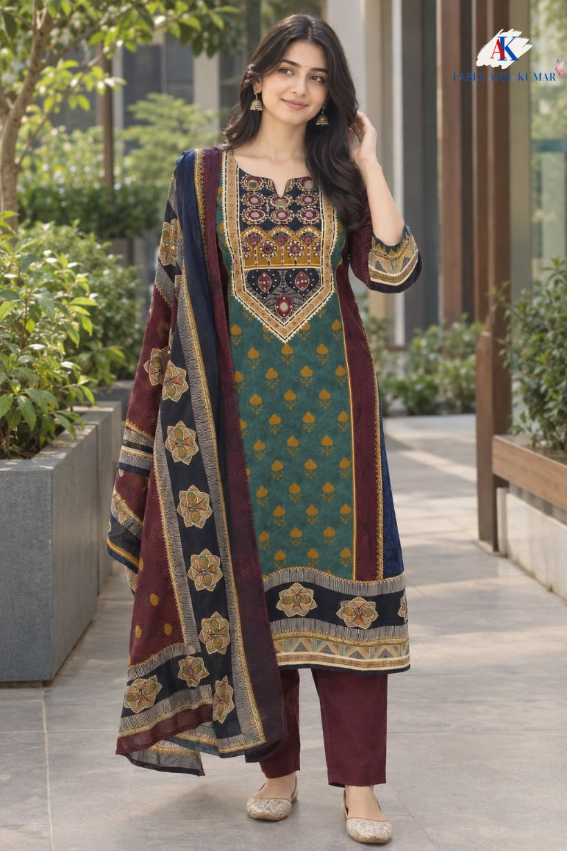 Wine Pure Cotton Pakistani-Style A-Line Suit with Mirror Work