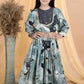 Green Printed Pure Muslin Fusion Crop Top & Gathered Palazzo Set for Girls