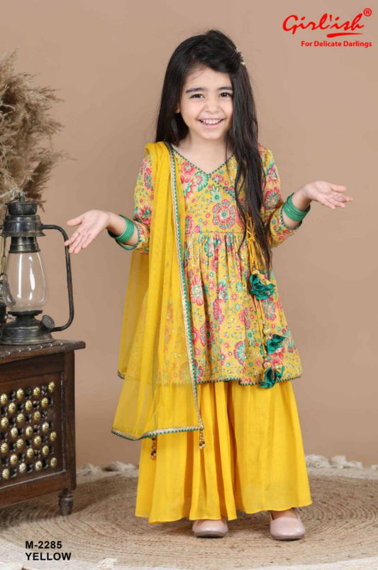 Kids Party Wear Sharara Set – Yellow | Pure Chinon with Handwork & Net Dupatta | Label Anju Kumar