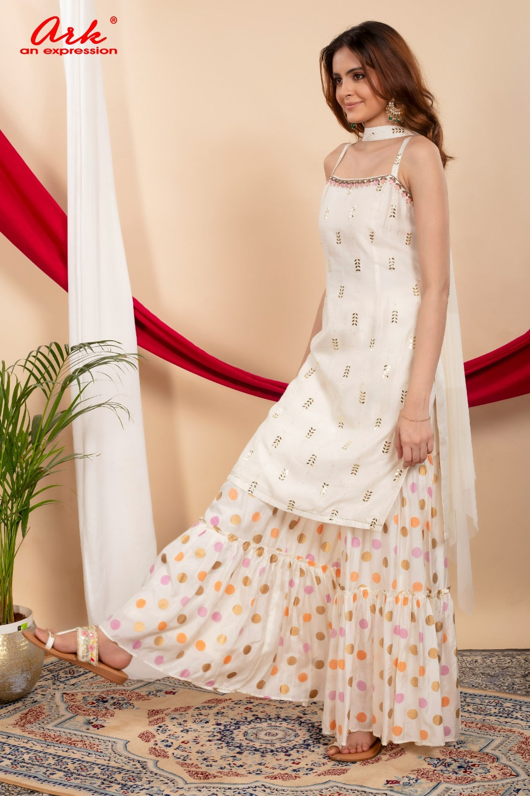 Off White Silk & Muslin Sharara Set with Handwork and Net Dupatta | Label Anju Kumar