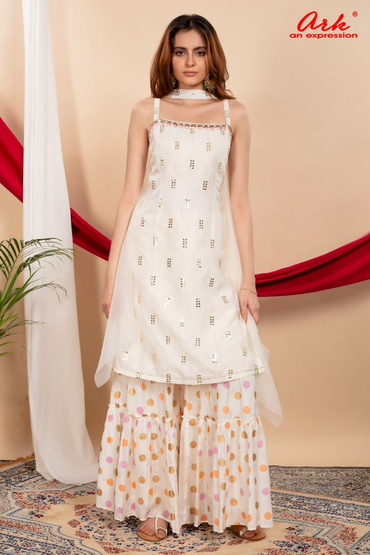Off White Silk & Muslin Sharara Set with Handwork and Net Dupatta | Label Anju Kumar