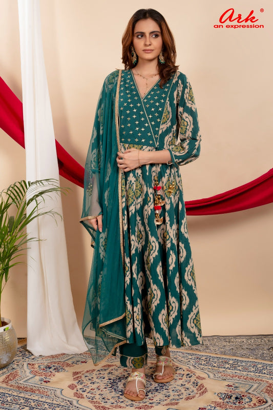 Green Pure Cotton Printed Anarkali Suit Dupatta Set with Thread Work Yoke | Label Anju Kumar