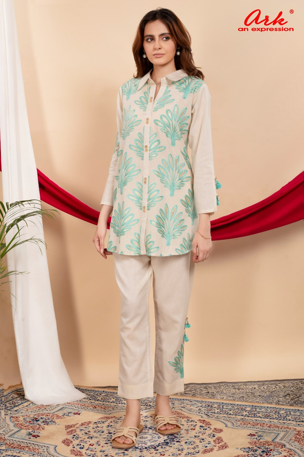 Off White Khadi Cotton Semi-Formal Coord Set with Sky Blue Thread Work | Label Anju Kumar