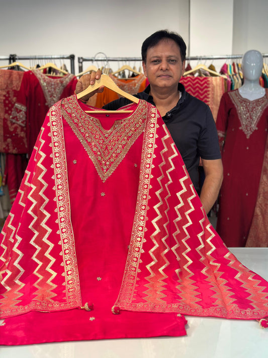 Majenta Silk Suit Dupatta Set with Banarasi Dupatta | Label Anju Kumar
