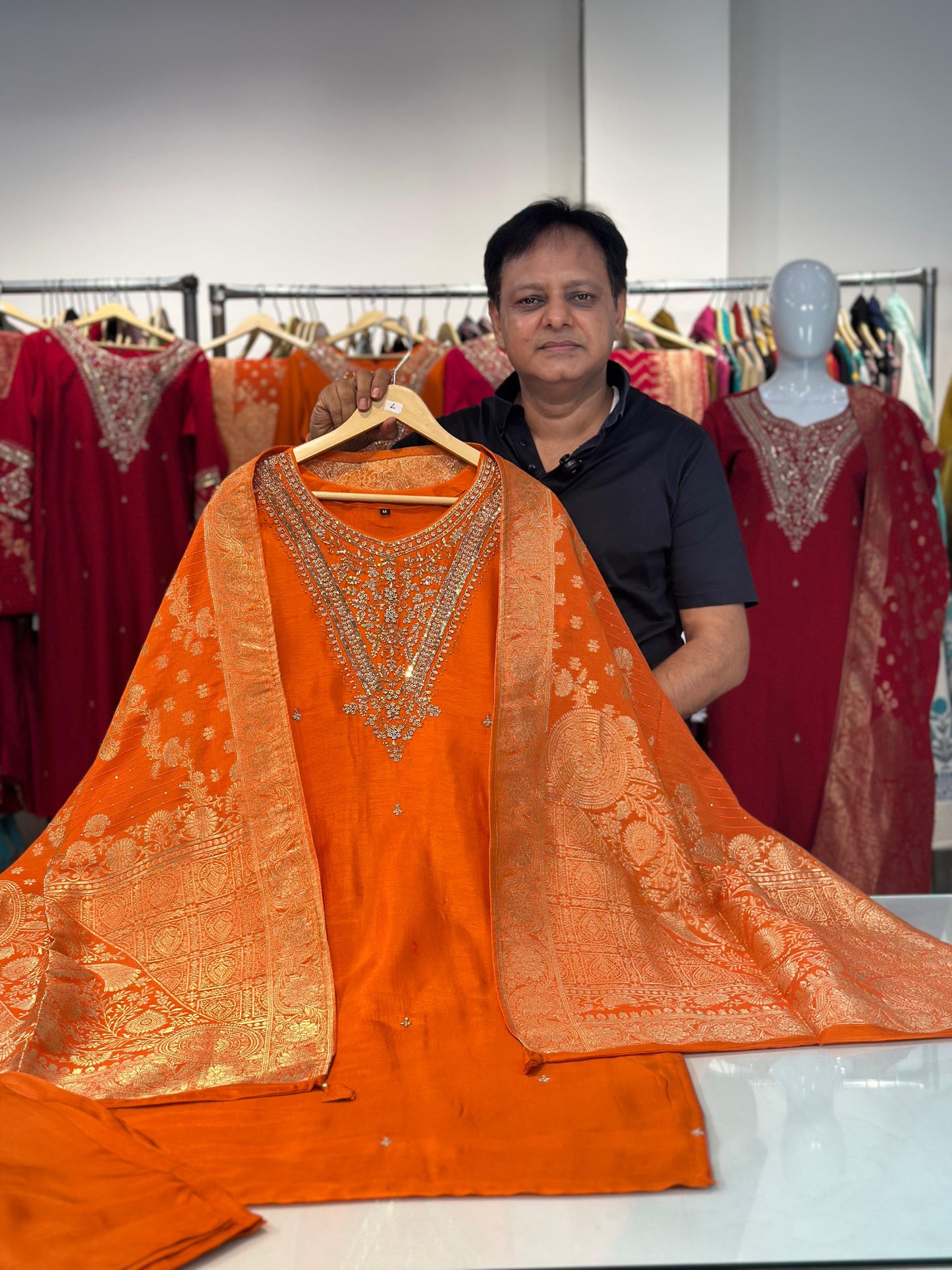 Orange Silk Suit Dupatta Set with Banarasi Dupatta | Label Anju Kumar