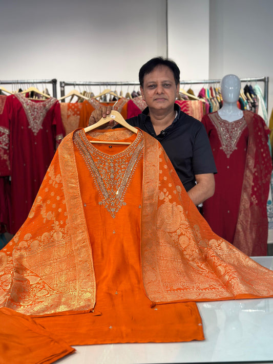 Orange Silk Suit Dupatta Set with Banarasi Dupatta | Label Anju Kumar