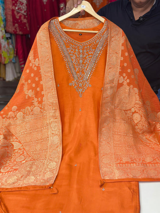 Orange Silk Suit Dupatta Set with Banarasi Dupatta | Label Anju Kumar