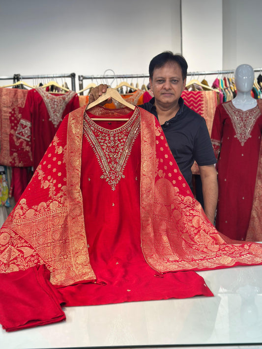 Red Silk Suit Dupatta Set with Banarasi Dupatta | Label Anju Kumar