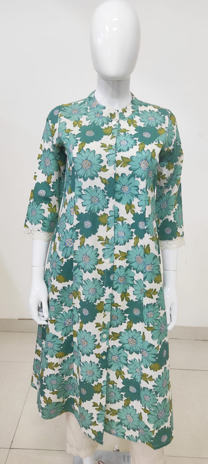 Green Khadi Cotton A-Line Kurti with Pockets & Lace Sleeve Detailing | Label Anju Kumar