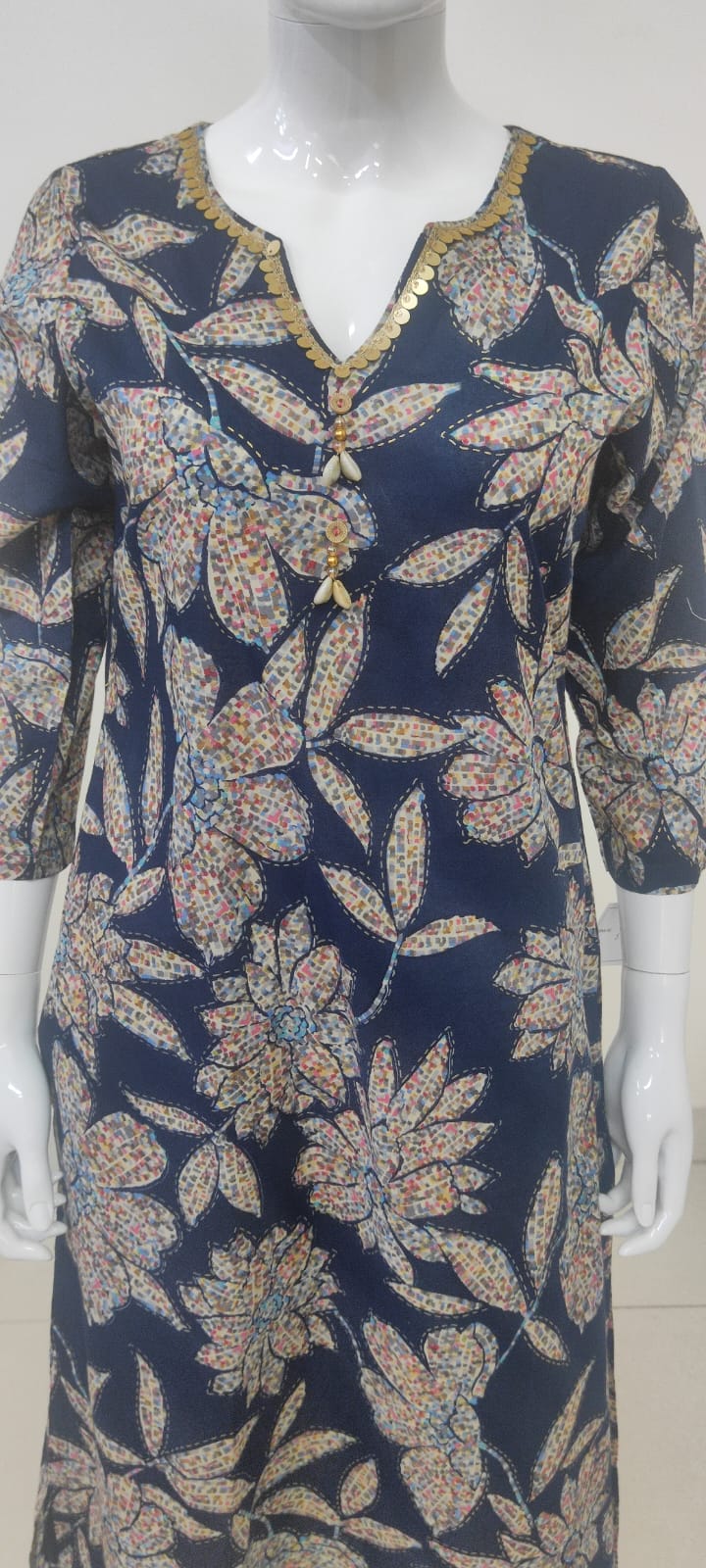 Navy Blue Cotton Printed Straight Kurti with Lace Neck Detailing | Label Anju Kumar