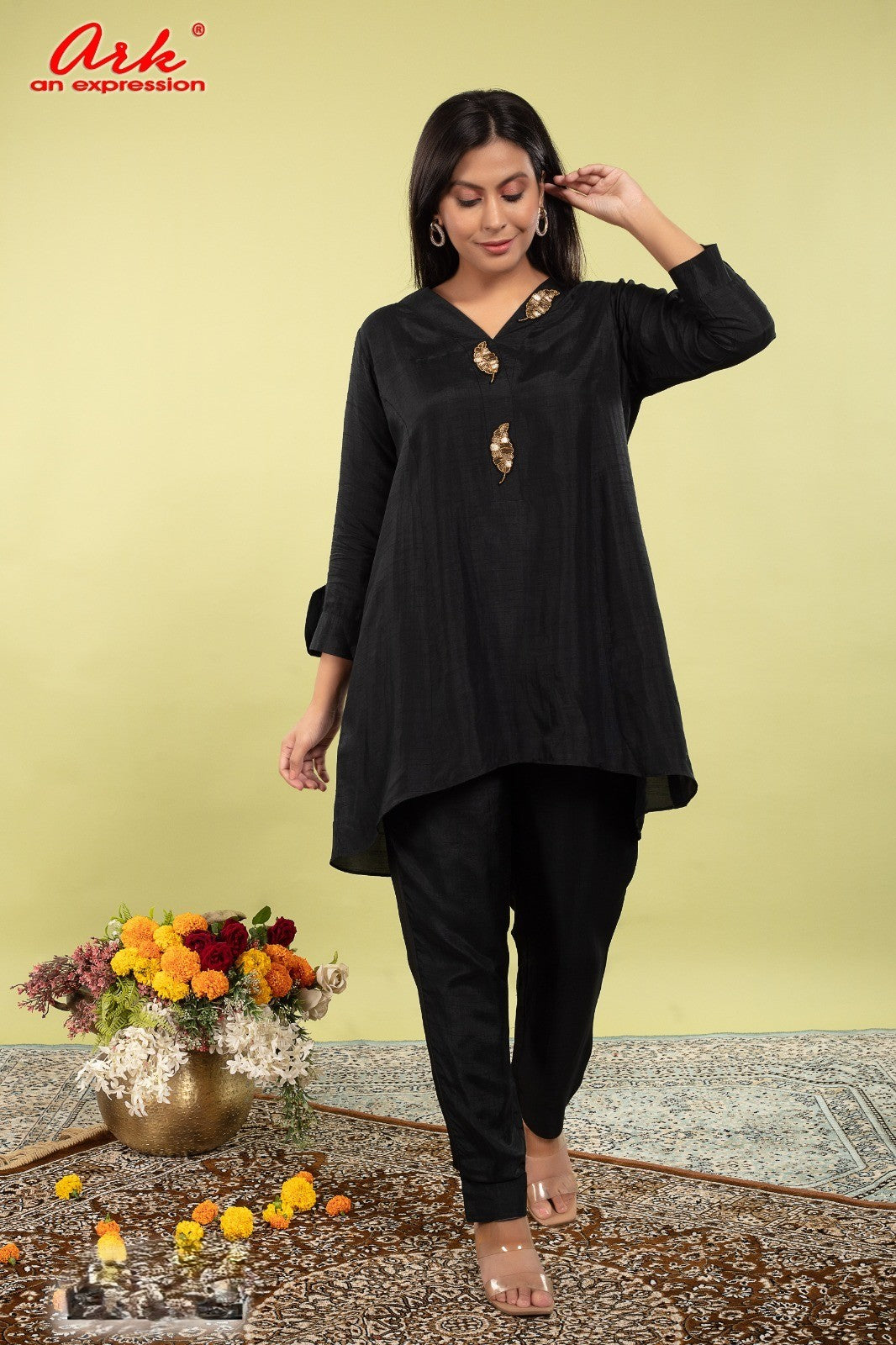 Black Dola Silk Coord Set with Hand Embroidery on Neck, Sleeves & Back | Label Anju Kumar