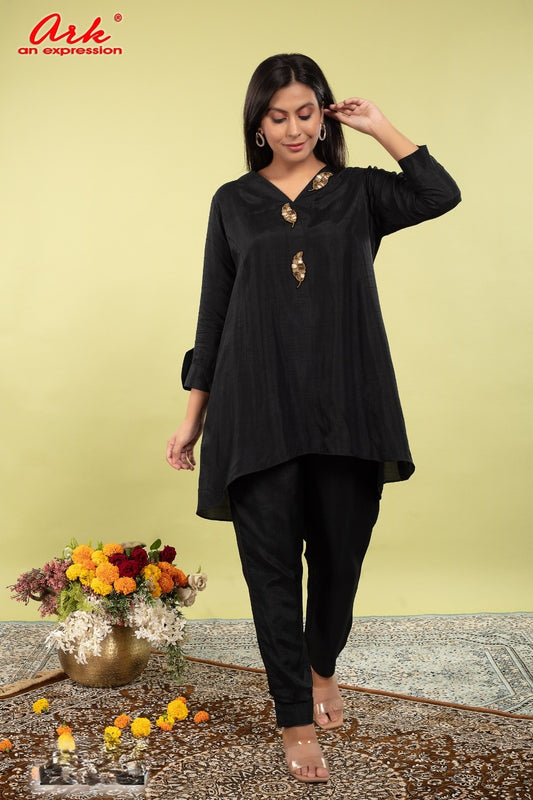 Black Dola Silk Coord Set with Hand Embroidery on Neck, Sleeves & Back | Label Anju Kumar