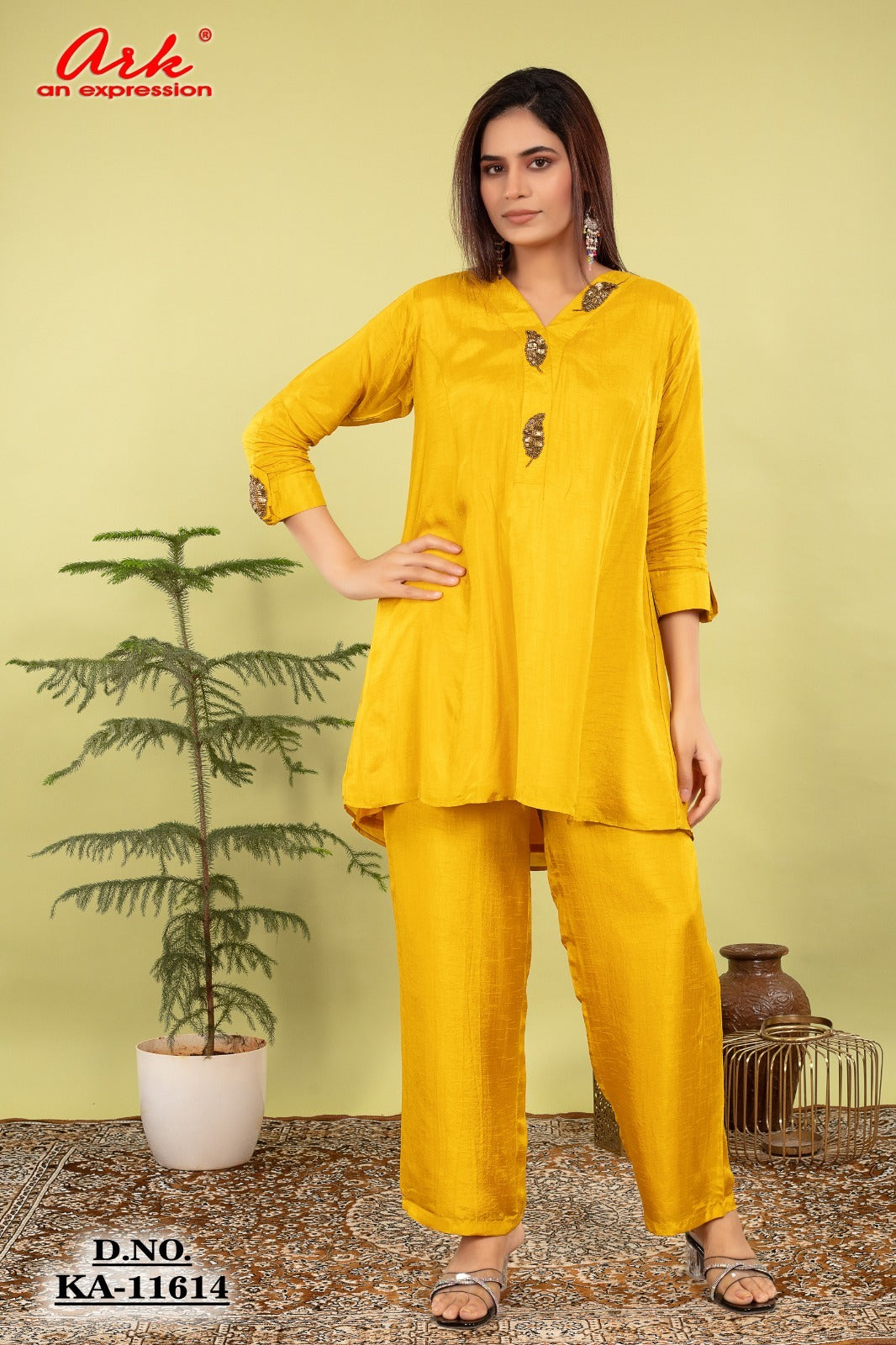 Mustard Dola Silk Coord Set with Hand Embroidery on Neck, Sleeves & Back | Label Anju Kumar