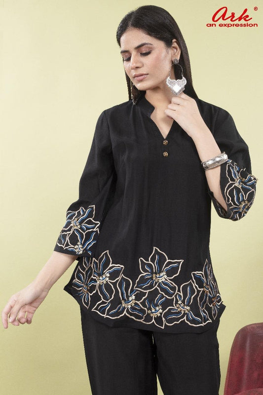 Black Pure Muslin Coord Set with Embroidery on Shirt Bottom & Sleeves | Label Anju Kumar