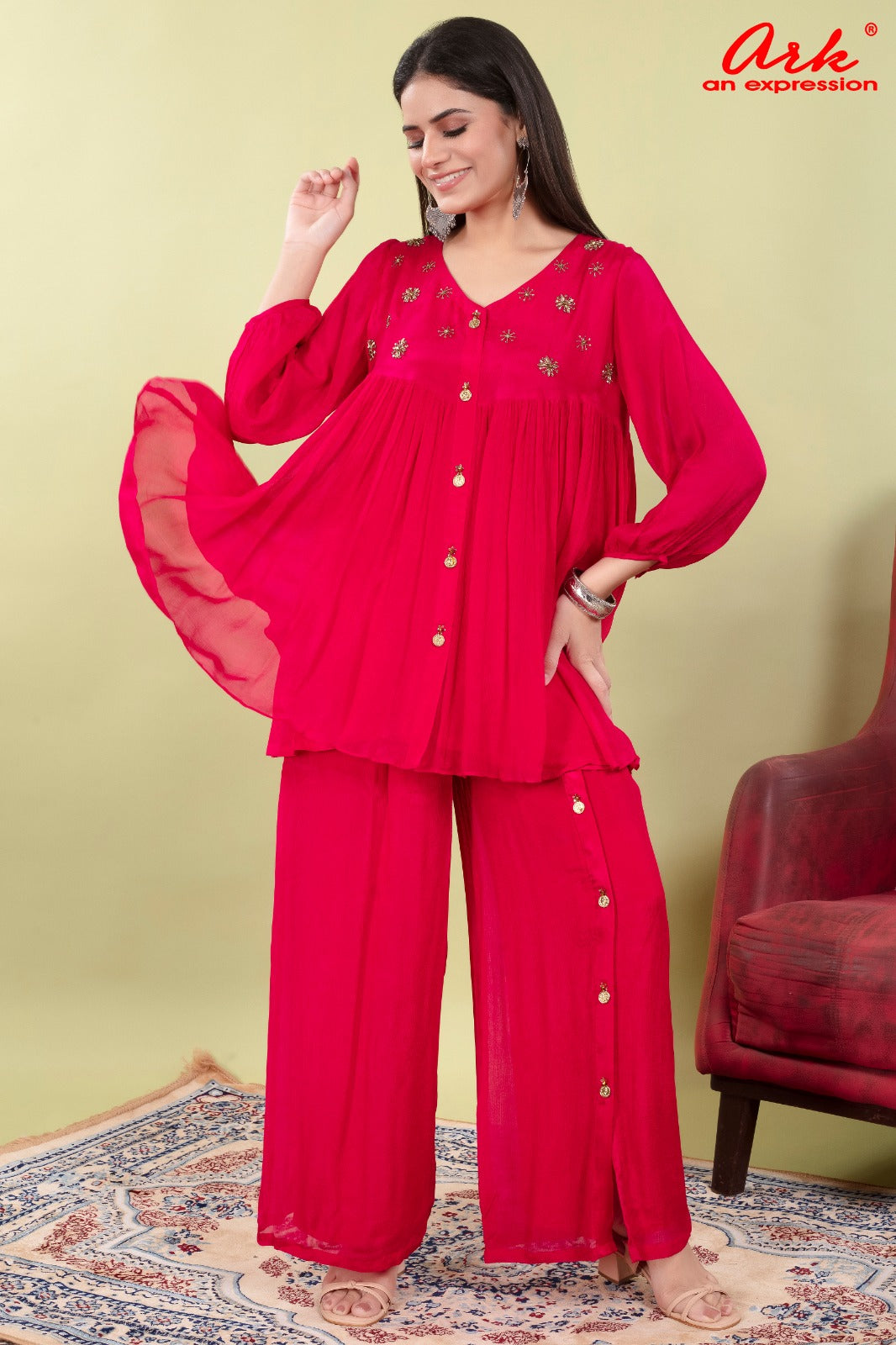 MAJINTA Pure Chinon Silk Coord Set with Hand Embroidery | Label Anju Kumar