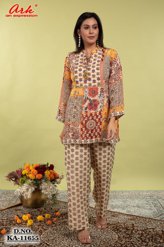 Multi-Colour Printed Semi-Organza Coord Set with Hand Embroidery | Label Anju Kumar