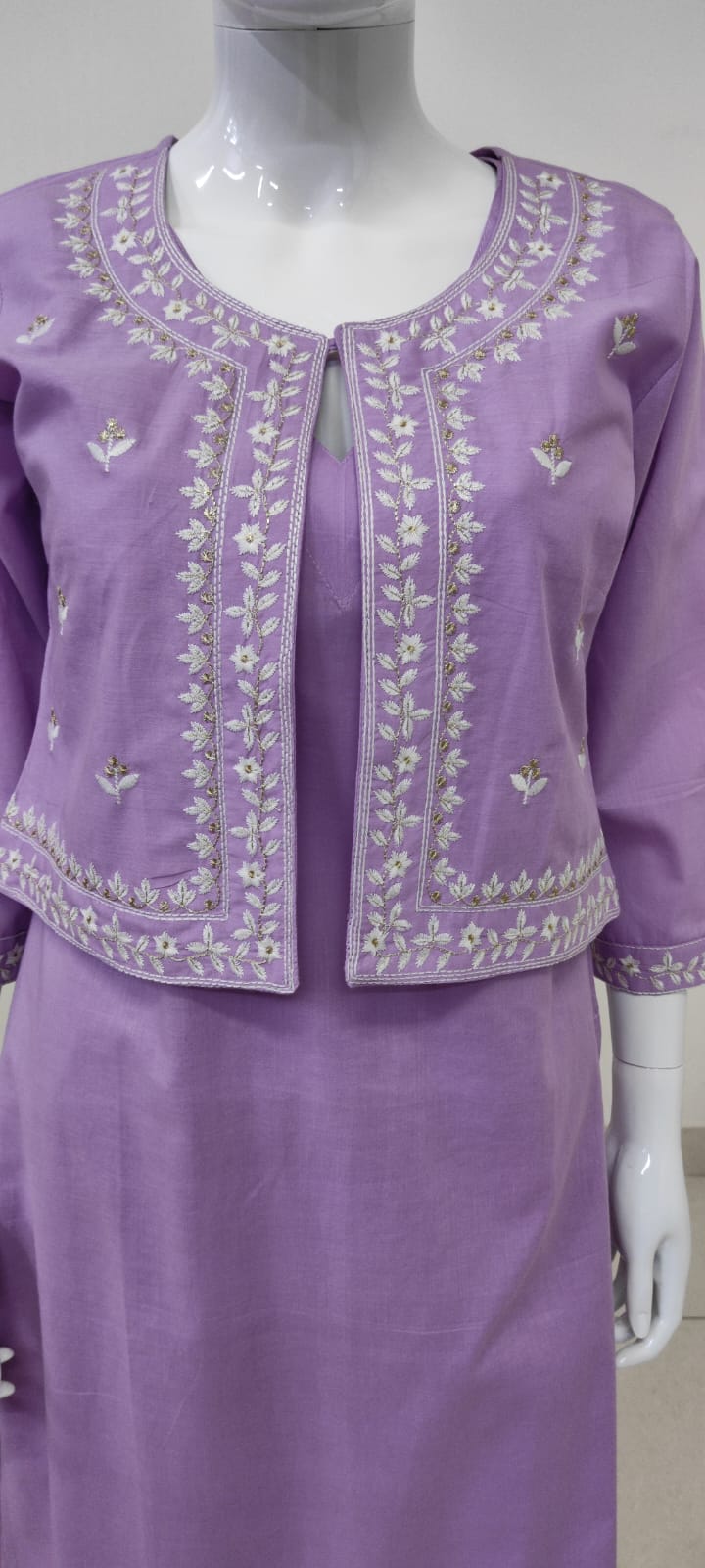 Mauve Pure Cotton Coord Set with Short Shrug & Thread Embroidery | Label Anju Kumar