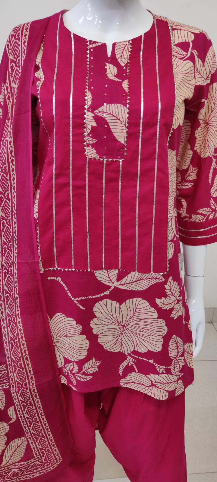 Majenta Cotton Straight Suit with Farshi Salwar & Dupatta | Gota Lace Detail | Label Anju Kumar