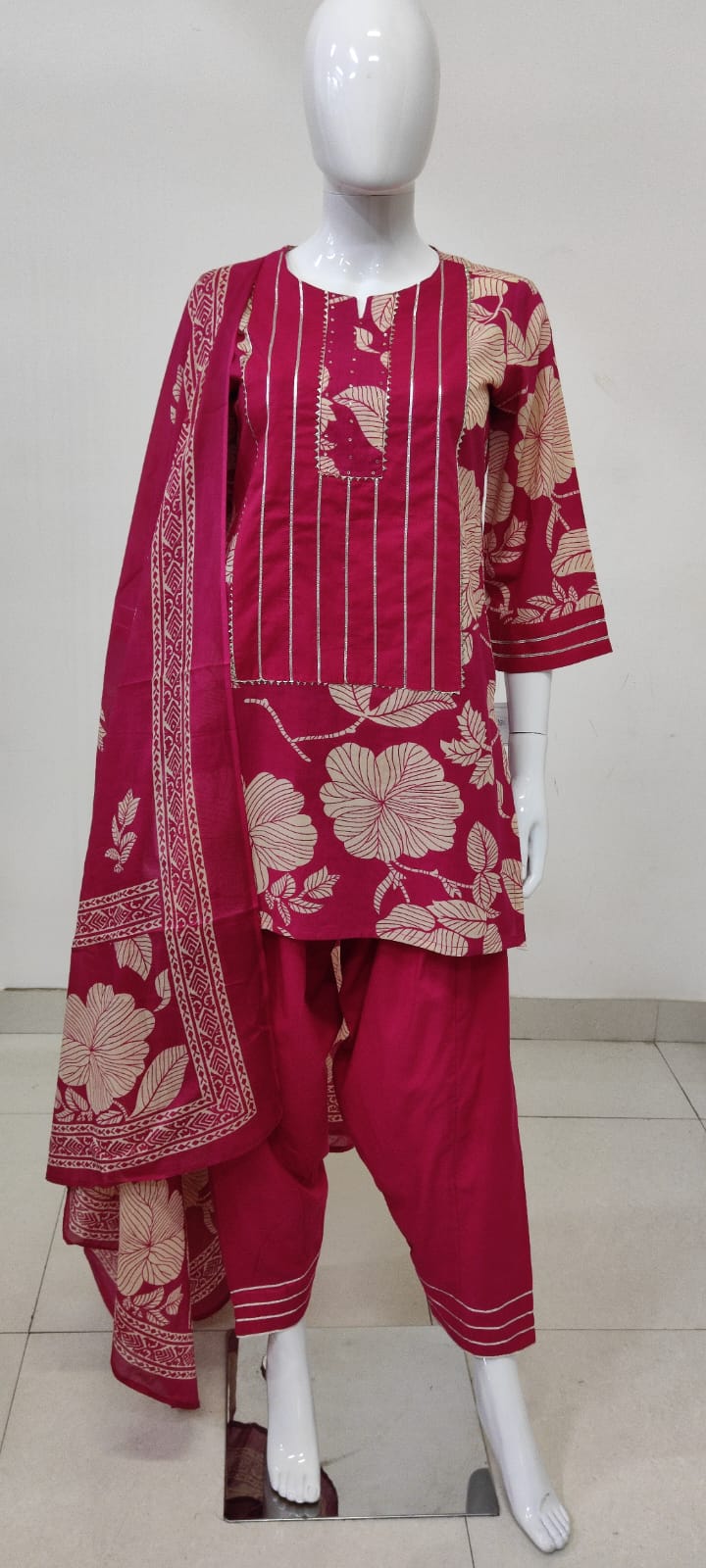 Majenta Cotton Straight Suit with Farshi Salwar & Dupatta | Gota Lace Detail | Label Anju Kumar