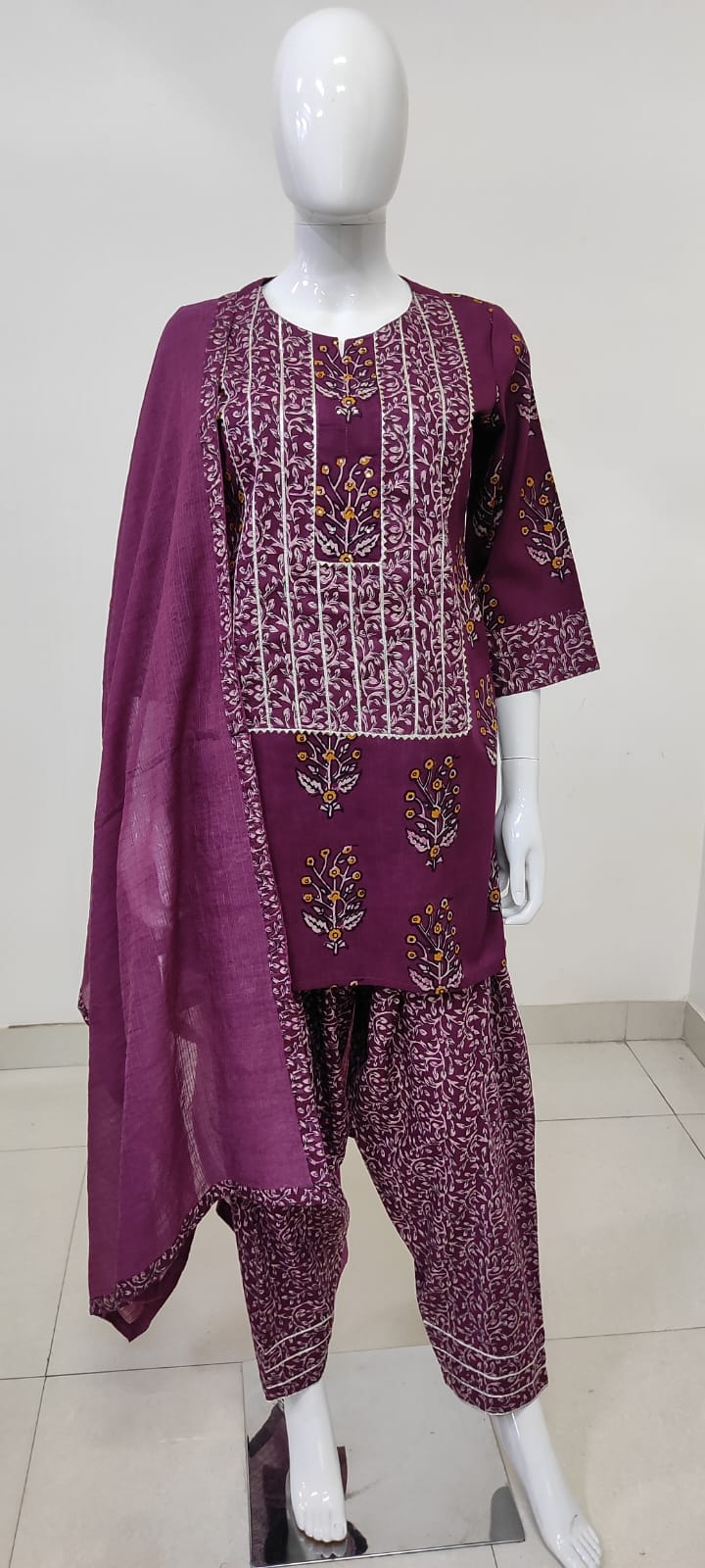 Wine Cotton Straight Suit with Farshi Salwar & Dupatta | Gota Lace Work | Label Anju Kumar