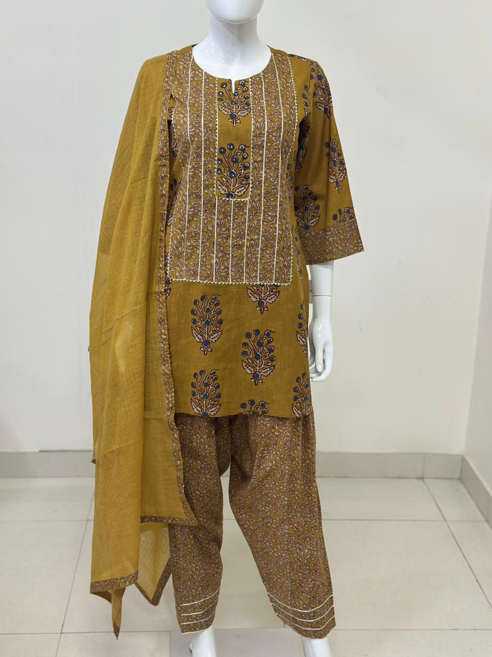 Mustard Cotton Straight Suit with Farshi Salwar & Dupatta | Gota Lace Detail | Label Anju Kumar